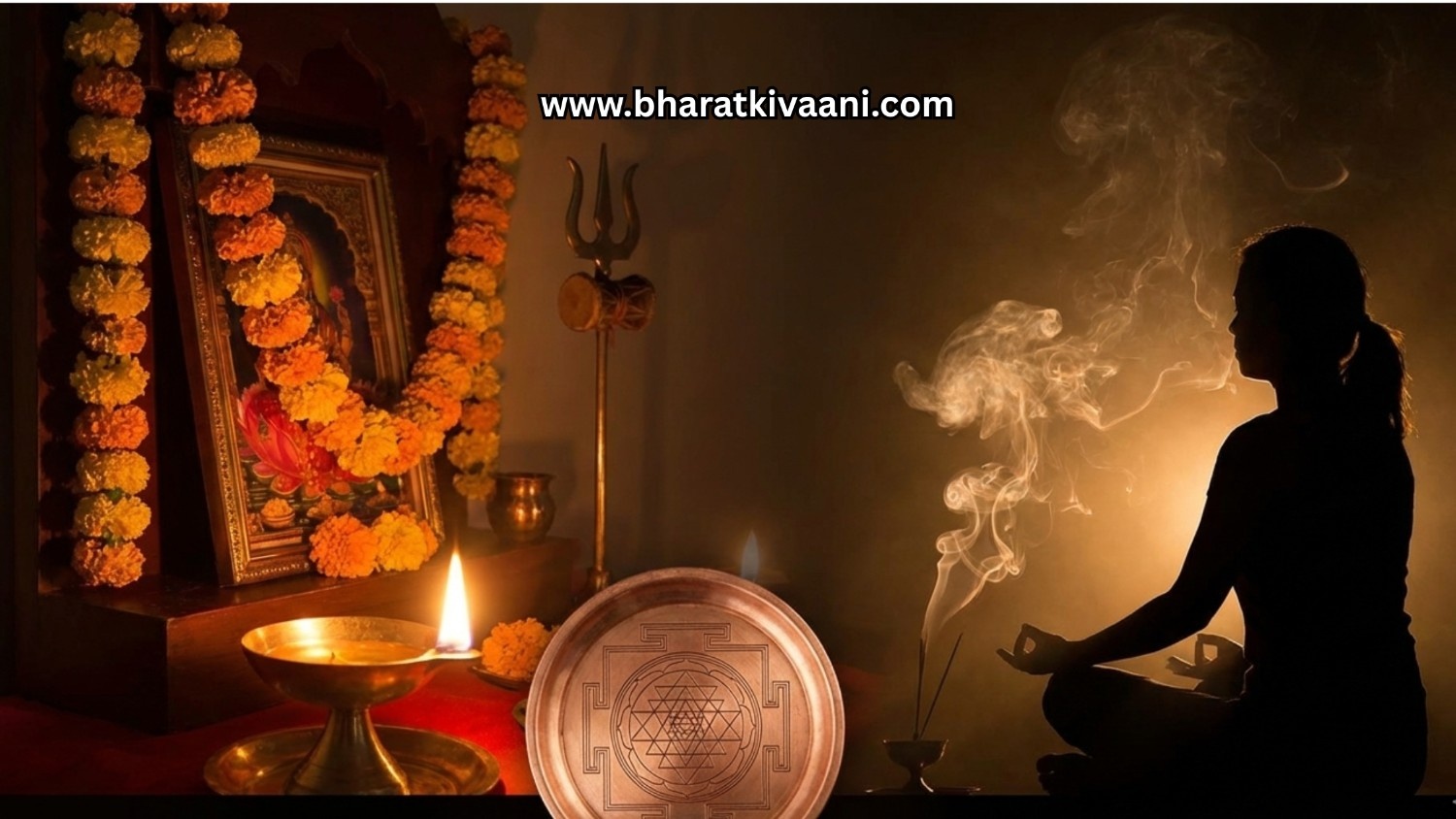 गुप्त नवरात्रि के दौरान रात के समय त्रिशूल, श्री यंत्र और जलते दीपक के समक्ष ध्यान और तंत्र साधना करता हुआ एक साधक। यह शक्ति जागरण का प्रतीक है।