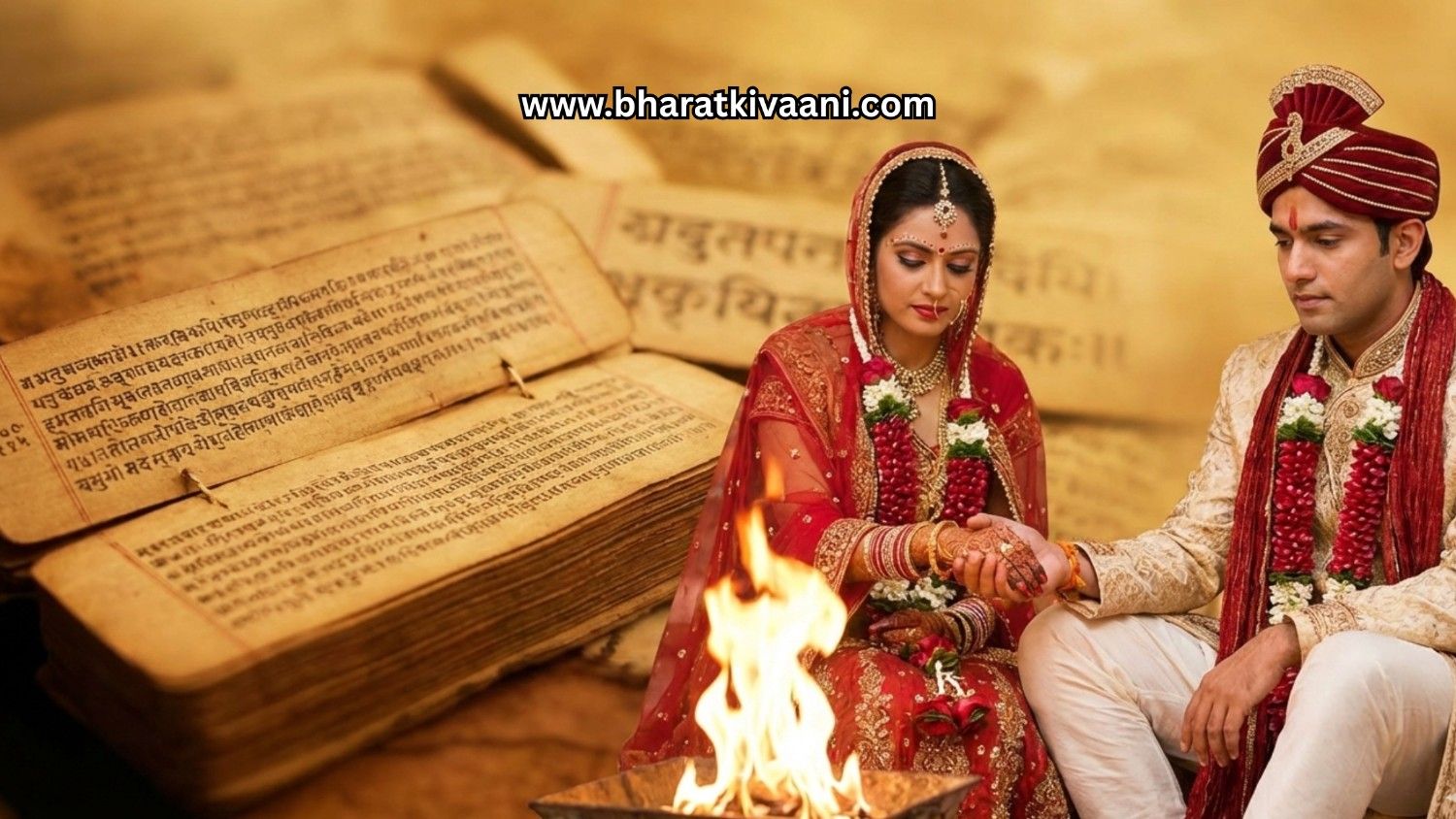 वैदिक मंत्रों और प्राचीन धर्मग्रंथों की पृष्ठभूमि में हिंदू विवाह संस्कार करते हुए एक वर-वधू