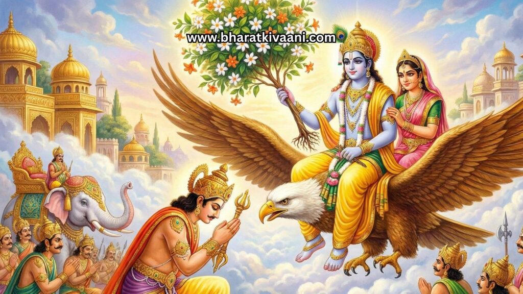 भगवान श्रीकृष्ण और सत्यभामा गरुड़ पर सवार होकर इंद्रलोक से पारिजात वृक्ष ले जाते हुए