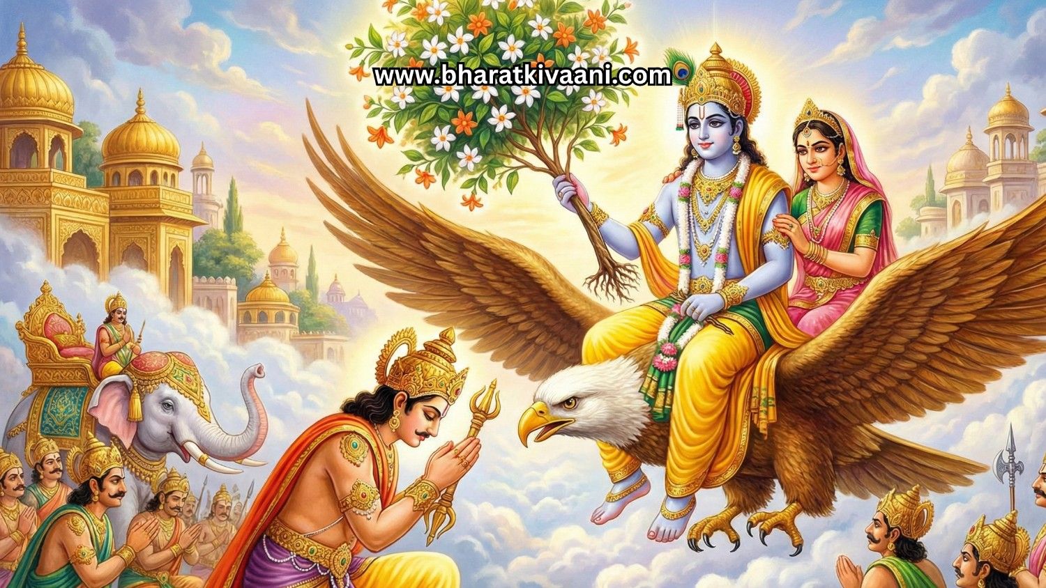 भगवान श्रीकृष्ण और सत्यभामा गरुड़ पर सवार होकर इंद्रलोक से पारिजात वृक्ष ले जाते हुए