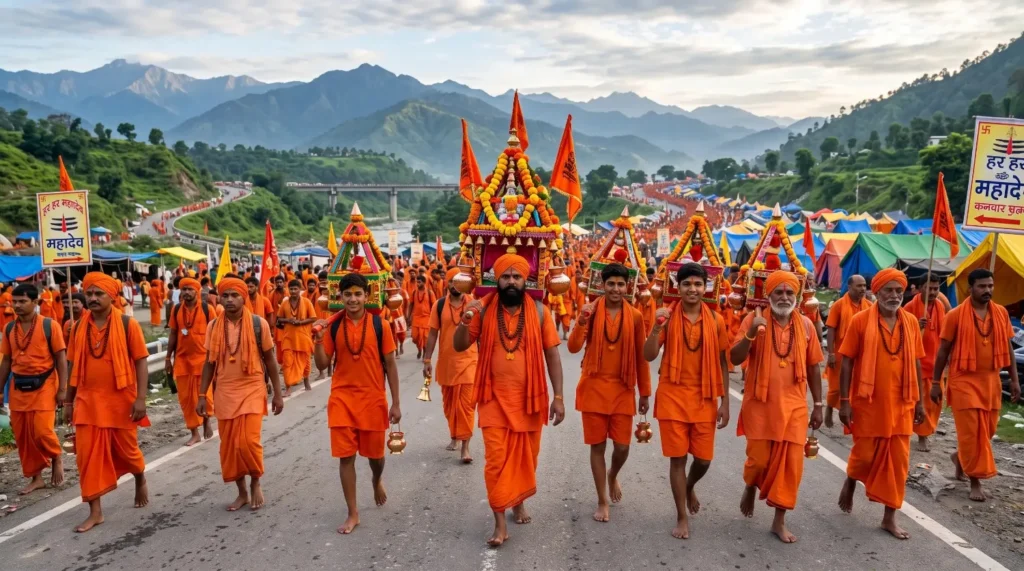 कांवड़ यात्रा पर पवित्र गंगाजल लेकर चलते शिवभक्त कांवड़िए